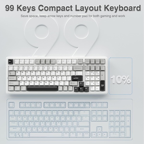 AULA F99 Tri-Mode (2.4G/Wired/BT) Hot Swappable RGB Wireless Full Size Mechanical Gaming Keyboard | Grey White, Graywood Switch (F99GrWW) - Image 2
