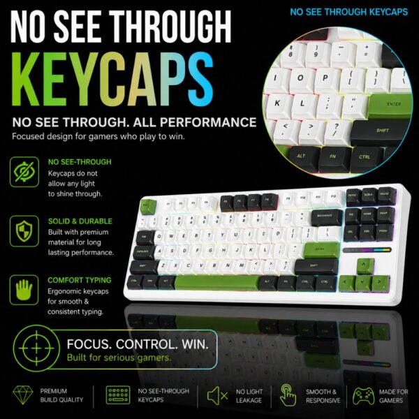 AULA F87 Wireless Tri Mode (2.4GHz/Type-C/BT) RGB Mechanical Gaming Keyboard | Green White, Graywood Switch (F87GW) - Image 9
