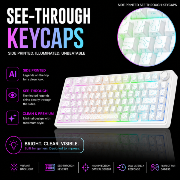 AULA F75 75% Wireless Trio Mode Mechanical Gaming Keyboard With Knob | White Contour, Star-Vector (Seiya) Switch (F75WCS) - Image 9