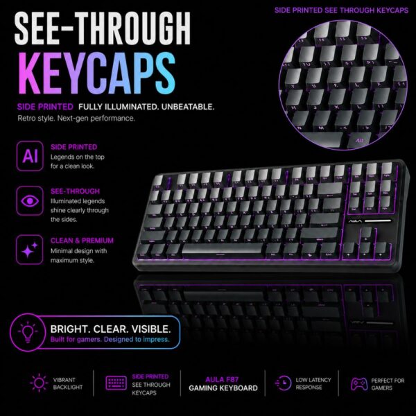 AULA F87 Side-Engraved Keycaps Wireless Tri Mode (2.4GHz/Type-C/BT) RGB Mechanical Gaming Keyboard | Gradient Gray, Space Crystal Switch (F87GrC) - Image 9