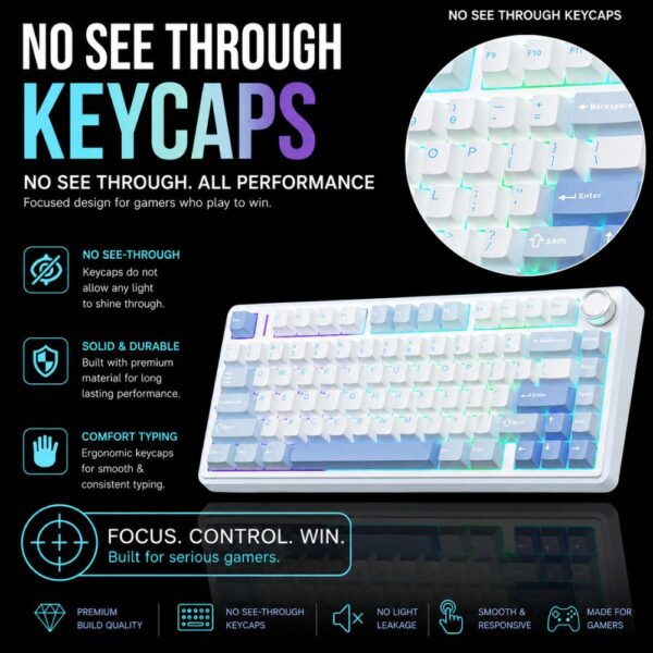 AULA F75 75% Wireless Trio Mode Mechanical Gaming Keyboard With Knob | Sea Blue, Graywood Switch (F75SUW) - Image 8