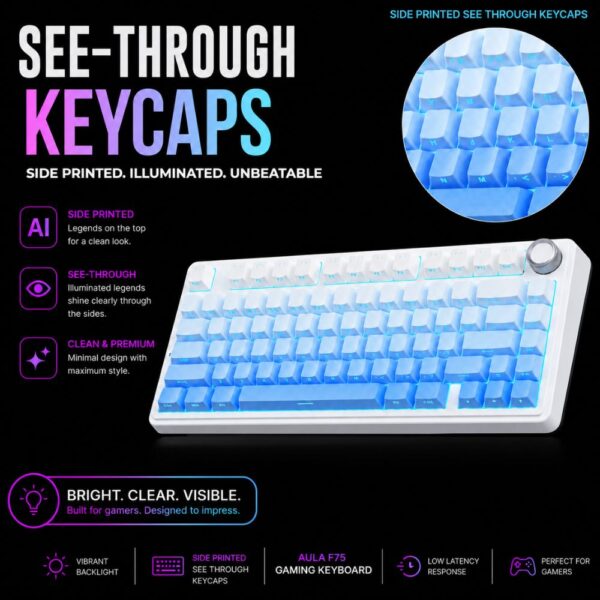 AULA F75 75% Wireless Trio Mode Mechanical Gaming Keyboard With Knob | Side-Engraved Blue, Star-Vector (Seiya) Switch (F75US) - Image 9