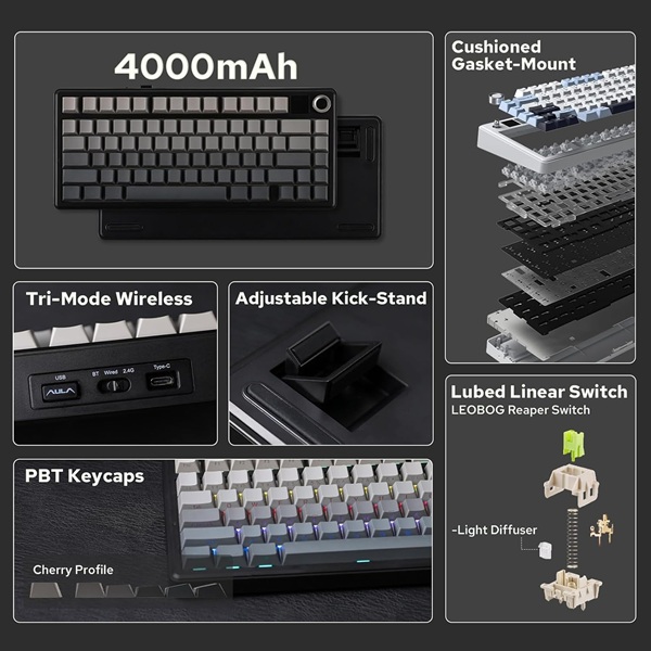 AULA F75 Max Side-Engraved Keycaps Wireless 3 in 1 Mechanical Gaming Keyboard with Screen & Knob | Gradient Gray, Reaper Switch (F75MaxGrR) - Image 8