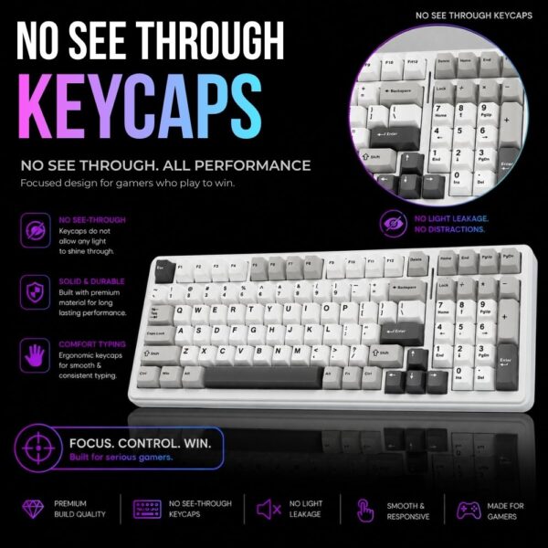 AULA F99 Tri-Mode (2.4G/Wired/BT) Hot Swappable RGB Wireless Full Size Mechanical Gaming Keyboard | Grey White, Graywood Switch (F99GrWW) - Image 10