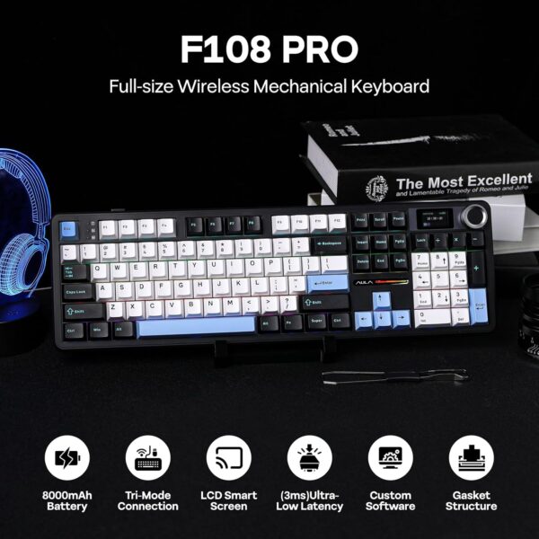 AULA F108Pro 3 in 1 (2.4G/BT/Wired) Full Size Wireless RGB Mechanical Gaming Keyboard With Screen & Knob | Retro Color, Reaper Switch (F108ProRR) - Image 6