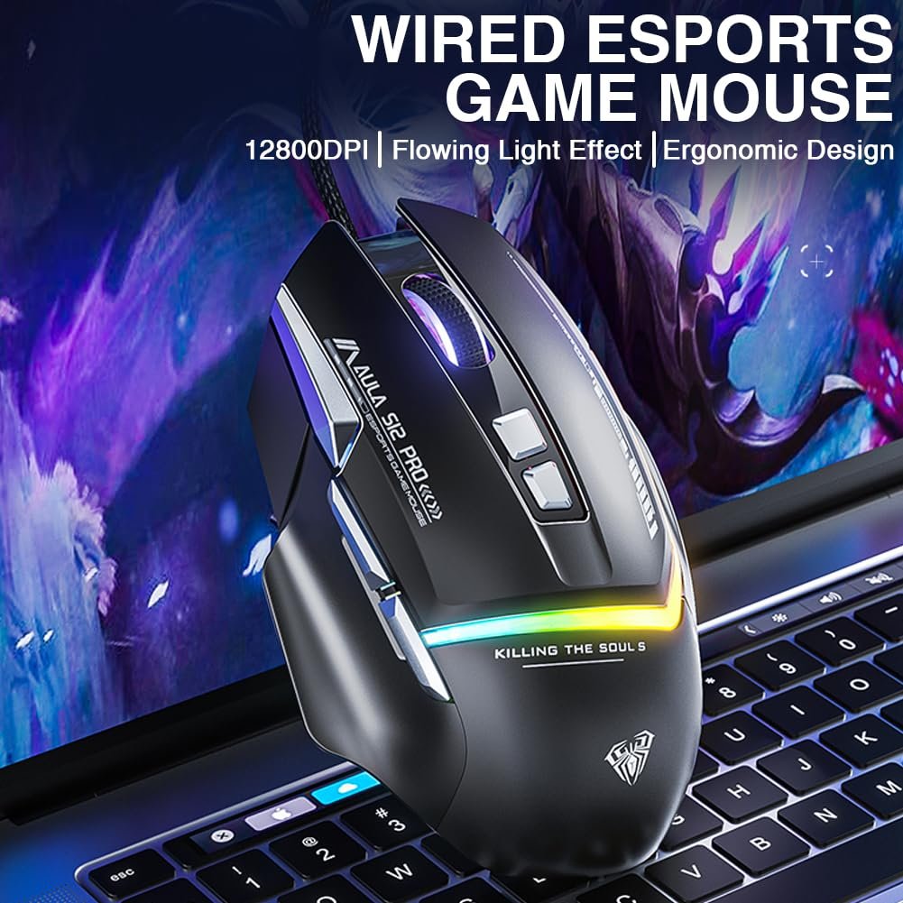 AULA S12 Pro RGB Ergonomic Wired Gaming Mouse ( Black)