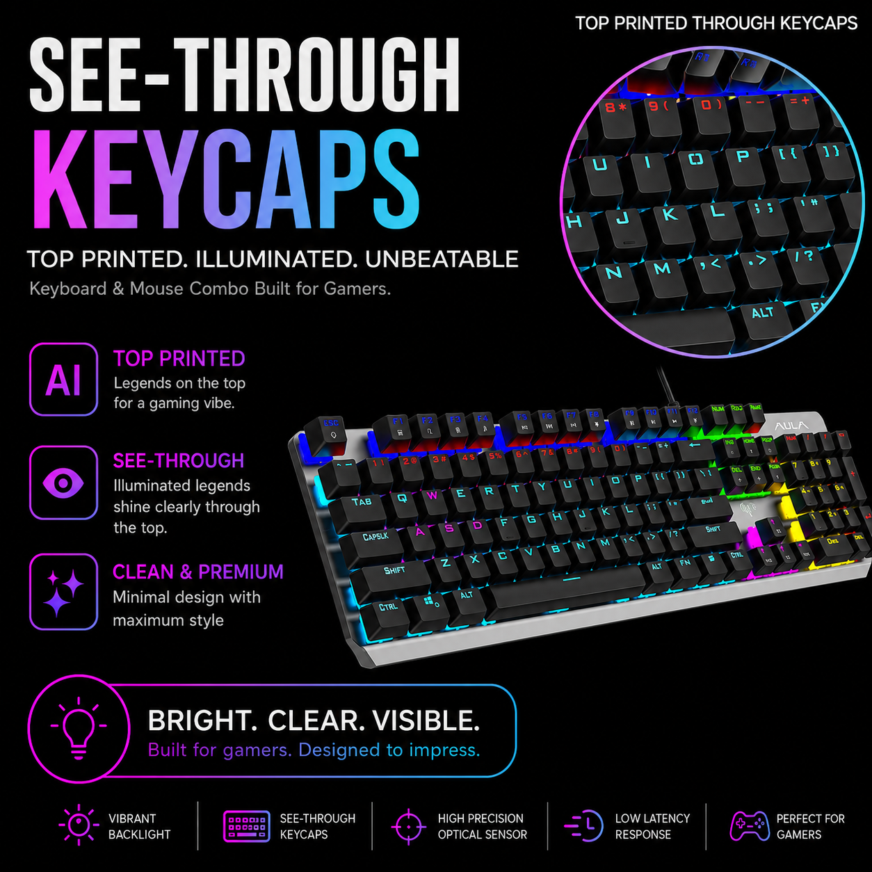 AULA F2066-II USB Full Size Wired Mechanical Gaming Keyboard Black Clicky Blue Switches - Image 9