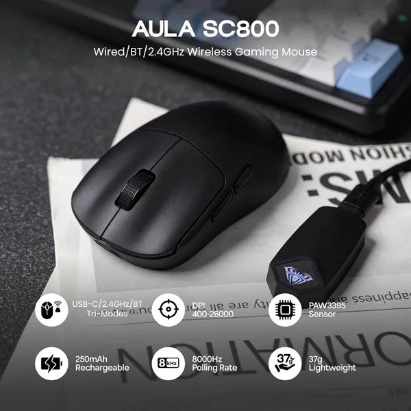 AULA SC800 TRI-MODE WIRELESS 2.4G/WIRED/BLUETOOTH ULTRA-LIGHTWEIGHT GAMING MOUSE | 37GRAMS, ADJUSTABLE 26000 DPI, PAW3395 SENSOR, 8000 POLLING RATE, ULTRA-PRECISE & DURABLE FOR GAMING | BLACK (SC800B) - Image 2