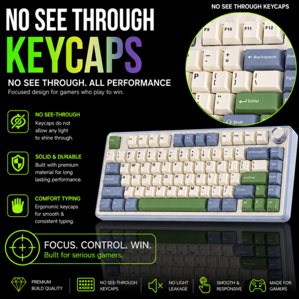 AULA F75 75% Wireless Trio Mode Mechanical Gaming Keyboard With Knob | Cedar Green, Ice Vein Switch (F75CGV) - Image 7