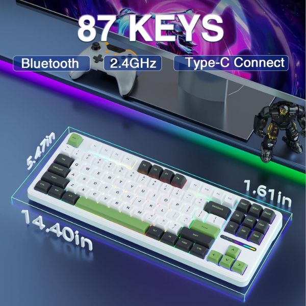 AULA F87 Wireless Tri Mode (2.4GHz/Type-C/BT) RGB Mechanical Gaming Keyboard | Green White, Graywood Switch (F87GW) - Image 8