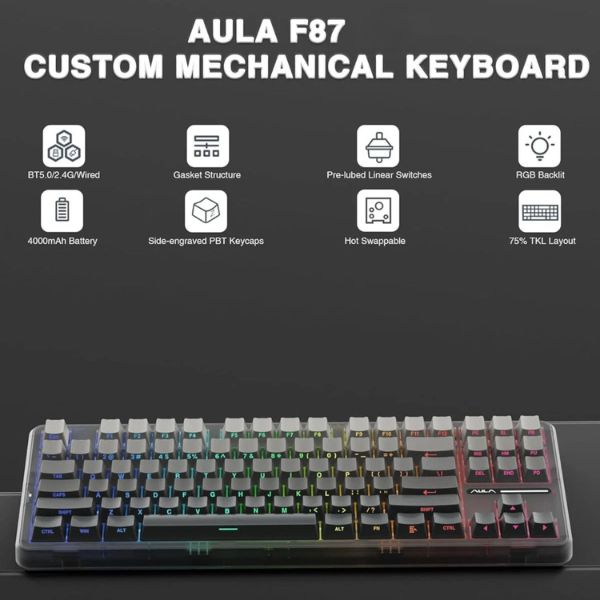 AULA F87 Side-Engraved Keycaps Wireless Tri Mode (2.4GHz/Type-C/BT) RGB Mechanical Gaming Keyboard | Gradient Gray, Space Crystal Switch (F87GrC) - Image 8