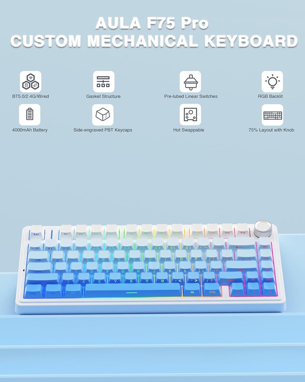 AULA F75 75% Wireless Trio Mode Mechanical Gaming Keyboard With Knob | Side-Engraved Blue, Star-Vector (Seiya) Switch (F75US) - Image 8