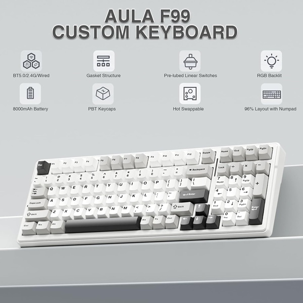 AULA F99 Tri-Mode (2.4G/Wired/BT) Hot Swappable RGB Wireless Full Size Mechanical Gaming Keyboard | Grey White, Graywood Switch (F99GrWW) - Image 9