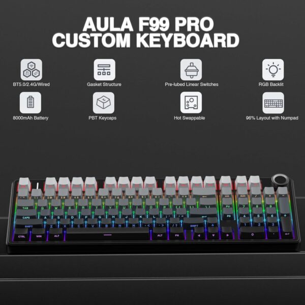 AULA F99 Pro 96% Side-Engraved Keycaps Tri-Mode Wireless Full Size Mechanical Gaming Keyboard With Knob | Gradient Gray, Nimbus Switch (F99ProGrN) - Image 8