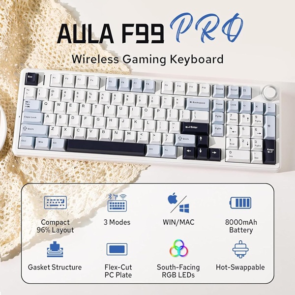 AULA F99 Pro 96% Tri-Mode Wireless Full Size Mechanical Gaming Keyboard With Knob | Ice Blue, Star Vector (Seiya) - Image 8