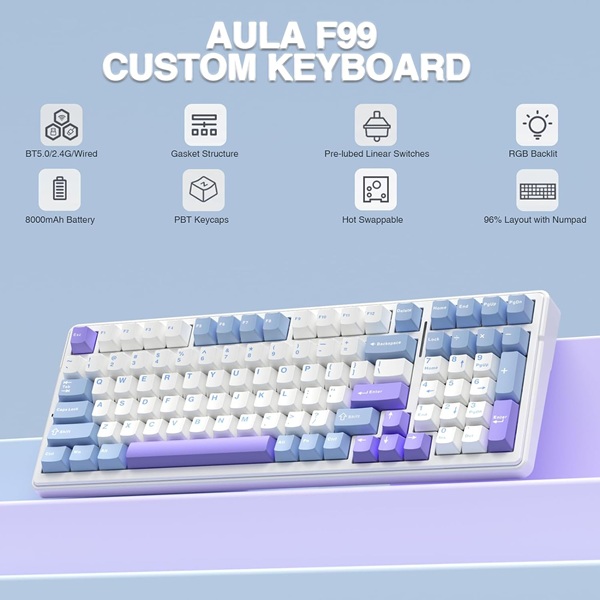 AULA F99 Tri-Mode (2.4G/Wired/BT) Hot Swappable RGB Wireless Full Size Mechanical Gaming Keyboard | Blue White, Crescent Switch (F99UWCr) - Image 8