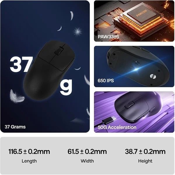 AULA SC800 TRI-MODE WIRELESS 2.4G/WIRED/BLUETOOTH ULTRA-LIGHTWEIGHT GAMING MOUSE | 37GRAMS, ADJUSTABLE 26000 DPI, PAW3395 SENSOR, 8000 POLLING RATE, ULTRA-PRECISE & DURABLE FOR GAMING | BLACK (SC800B) - Image 3