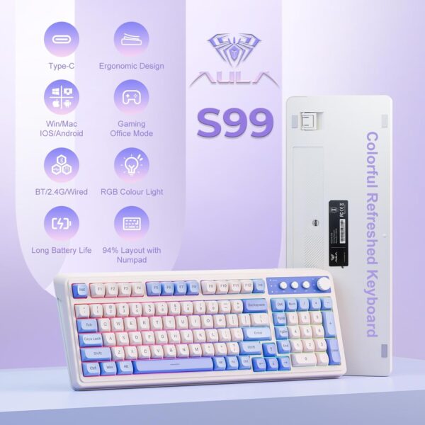 AULA S99 Tri-Mode (2.4G/BT/Wired) Programmable Full Size Membrane Gaming Keyboard | Blue+White (S99UW) - Image 3