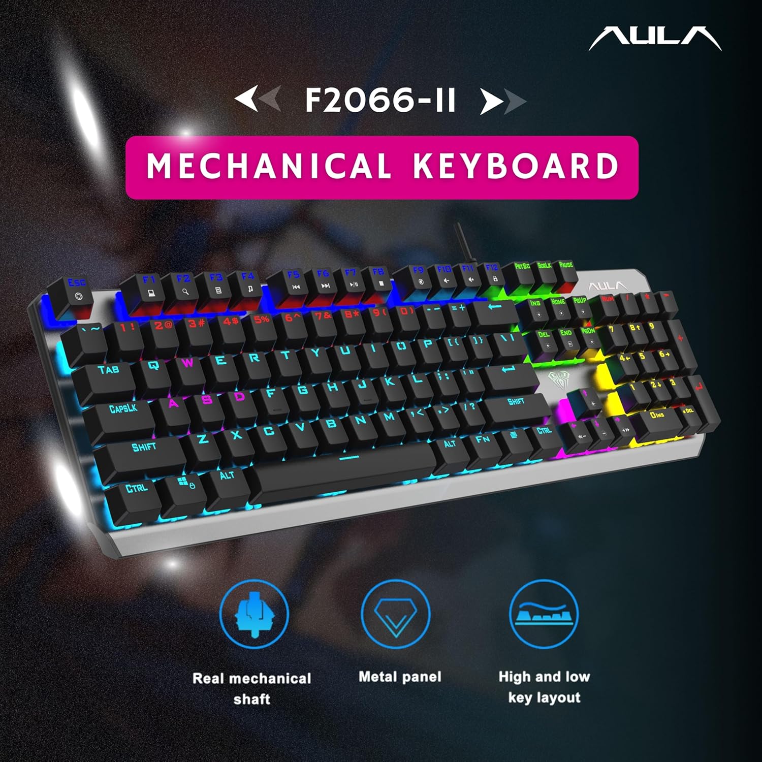 AULA F2066-II USB Full Size Wired Mechanical Gaming Keyboard Black Clicky Blue Switches - Image 8