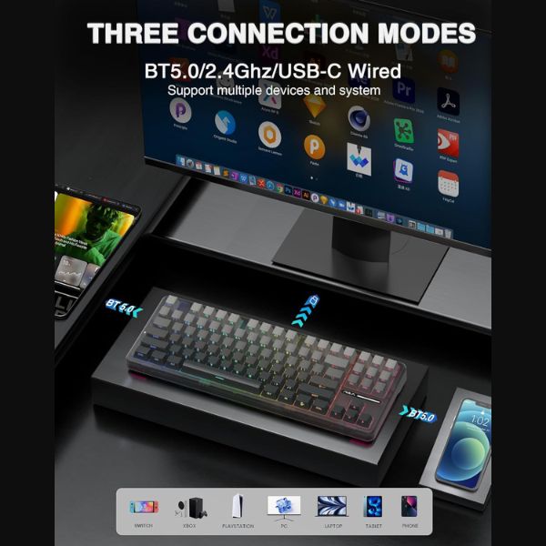 AULA F87 Side-Engraved Keycaps Wireless Tri Mode (2.4GHz/Type-C/BT) RGB Mechanical Gaming Keyboard | Gradient Gray, Space Crystal Switch (F87GrC) - Image 7