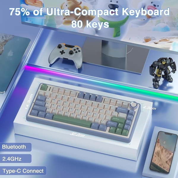 AULA F75 75% Wireless Trio Mode Mechanical Gaming Keyboard With Knob | Cedar Green, Ice Vein Switch (F75CGV) - Image 5