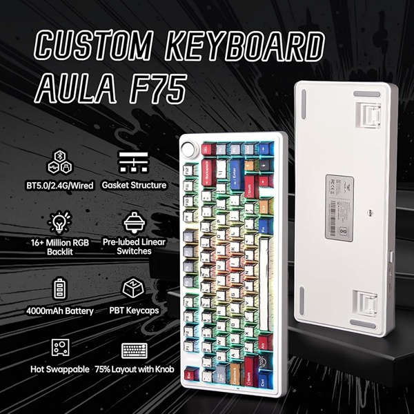 AULA F75 75% Wireless Trio Mode Mechanical Gaming Keyboard With Knob | Comic Keycap, Reaper Switch (F75CKR) - Image 7