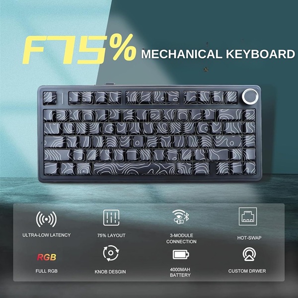 AULA F75 75% Wireless Trio Mode Mechanical Gaming Keyboard With Knob | Black Contour, Star-Vector (Seiya) Switch (F75BCS) - Image 7