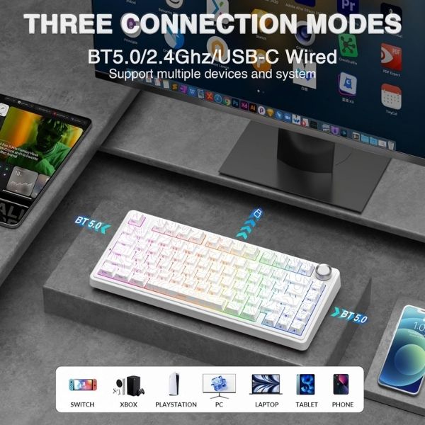 AULA F75 75% Wireless Trio Mode Mechanical Gaming Keyboard With Knob | White Contour, Star-Vector (Seiya) Switch (F75WCS) - Image 7