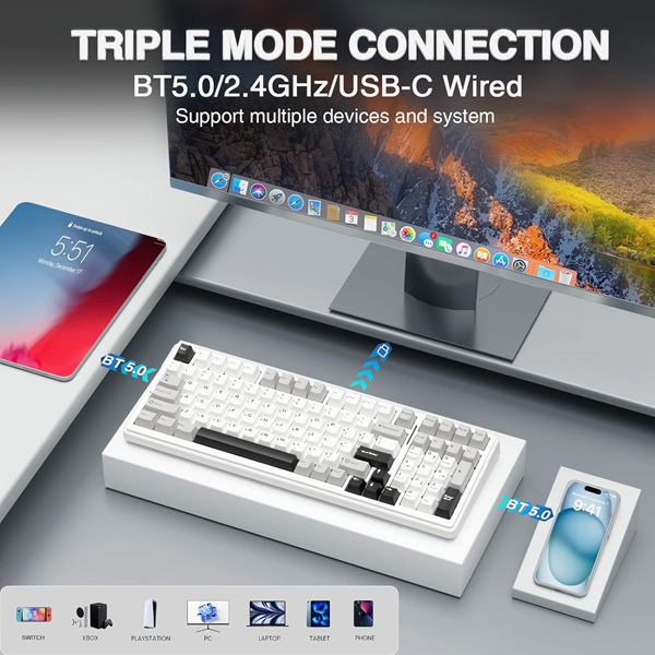 AULA F99 Tri-Mode (2.4G/Wired/BT) Hot Swappable RGB Wireless Full Size Mechanical Gaming Keyboard | Grey White, Graywood Switch (F99GrWW) - Image 8