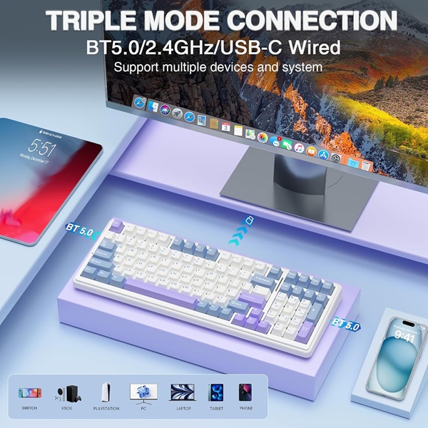 AULA F99 Tri-Mode (2.4G/Wired/BT) Hot Swappable RGB Wireless Full Size Mechanical Gaming Keyboard | Blue White, Crescent Switch (F99UWCr) - Image 7
