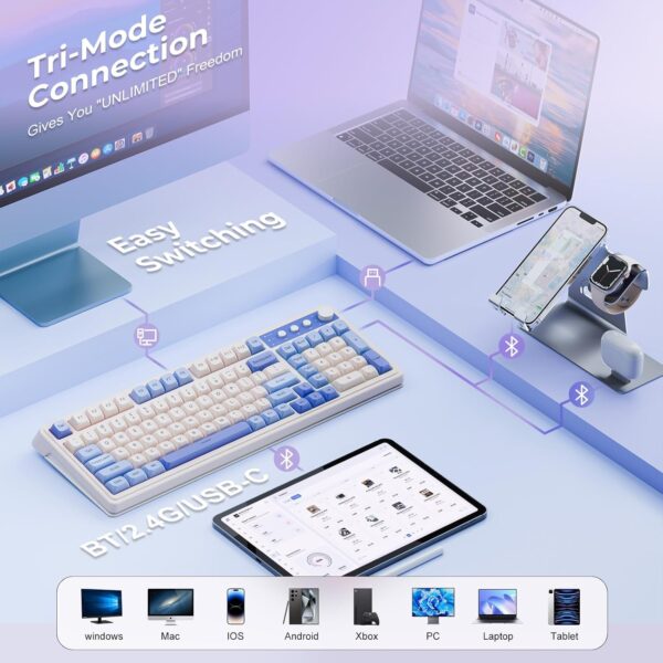 AULA S99 Tri-Mode (2.4G/BT/Wired) Programmable Full Size Membrane Gaming Keyboard | Blue+White (S99UW) - Image 4