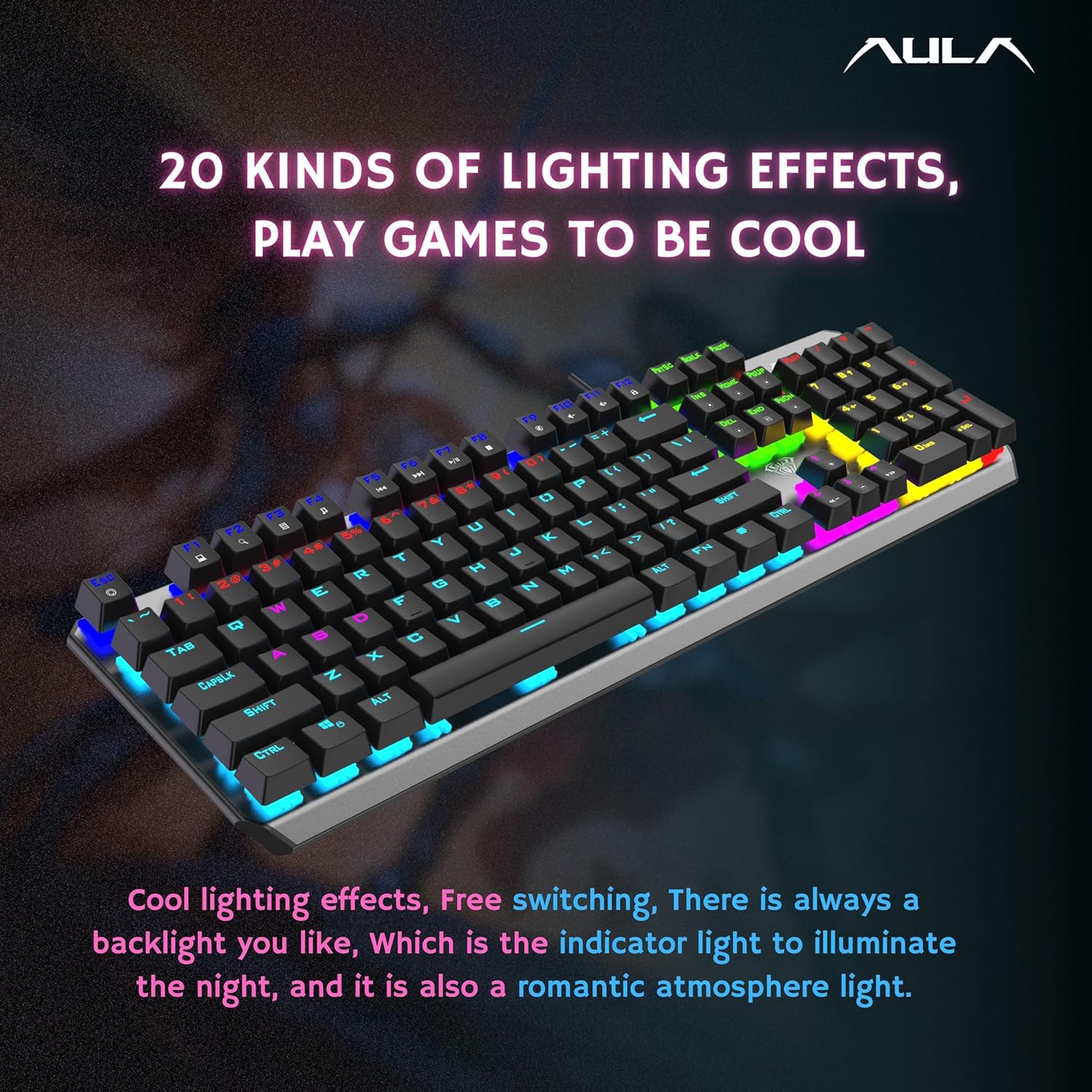 AULA F2066-II USB Full Size Wired Mechanical Gaming Keyboard Black Clicky Blue Switches - Image 7