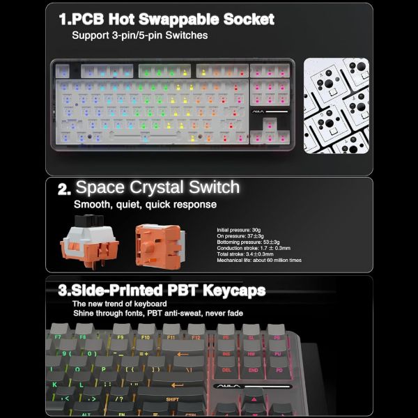 AULA F87 Side-Engraved Keycaps Wireless Tri Mode (2.4GHz/Type-C/BT) RGB Mechanical Gaming Keyboard | Gradient Gray, Space Crystal Switch (F87GrC) - Image 6