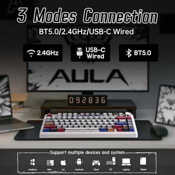AULA F75 75% Wireless Trio Mode Mechanical Gaming Keyboard With Knob | Comic Keycap, Reaper Switch (F75CKR) - Image 5