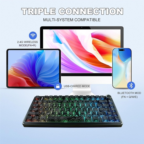 AULA F75 75% Wireless Trio Mode Mechanical Gaming Keyboard With Knob | Black Contour, Star-Vector (Seiya) Switch (F75BCS) - Image 6