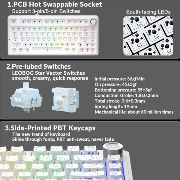 AULA F75 75% Wireless Trio Mode Mechanical Gaming Keyboard With Knob | White Contour, Star-Vector (Seiya) Switch (F75WCS) - Image 6