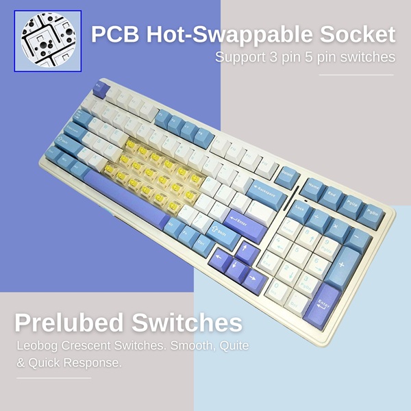 AULA F99 Tri-Mode (2.4G/Wired/BT) Hot Swappable RGB Wireless Full Size Mechanical Gaming Keyboard | Blue White, Crescent Switch (F99UWCr) - Image 6