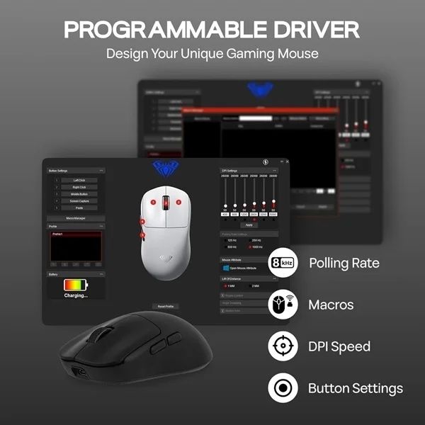 AULA SC800 TRI-MODE WIRELESS 2.4G/WIRED/BLUETOOTH ULTRA-LIGHTWEIGHT GAMING MOUSE | 37GRAMS, ADJUSTABLE 26000 DPI, PAW3395 SENSOR, 8000 POLLING RATE, ULTRA-PRECISE & DURABLE FOR GAMING | BLACK (SC800B) - Image 6