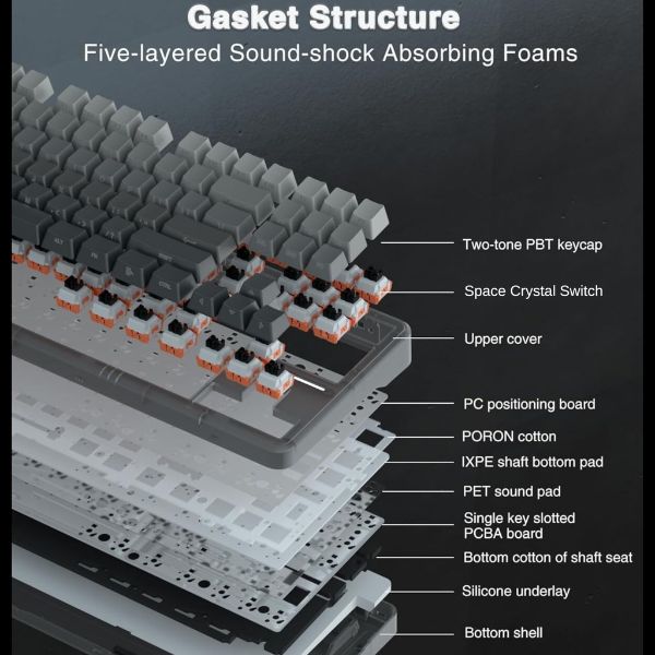 AULA F87 Side-Engraved Keycaps Wireless Tri Mode (2.4GHz/Type-C/BT) RGB Mechanical Gaming Keyboard | Gradient Gray, Space Crystal Switch (F87GrC) - Image 5