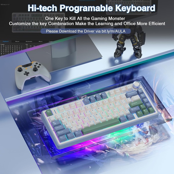 AULA F75 75% Wireless Trio Mode Mechanical Gaming Keyboard With Knob | Cedar Green, Ice Vein Switch (F75CGV) - Image 3