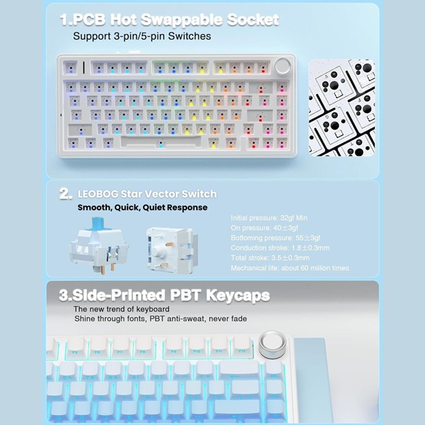 AULA F75 75% Wireless Trio Mode Mechanical Gaming Keyboard With Knob | Side-Engraved Blue, Star-Vector (Seiya) Switch (F75US) - Image 5