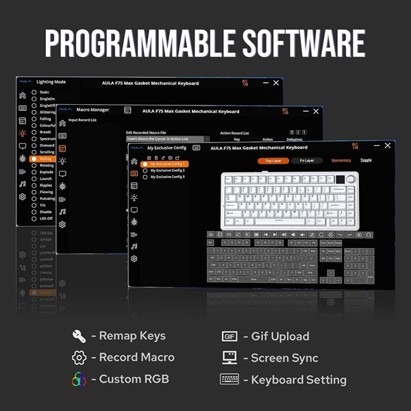 AULA F75 Max Side-Engraved Keycaps Wireless 3 in 1 Mechanical Gaming Keyboard with Screen & Knob | Gradient Gray, Reaper Switch (F75MaxGrR) - Image 4