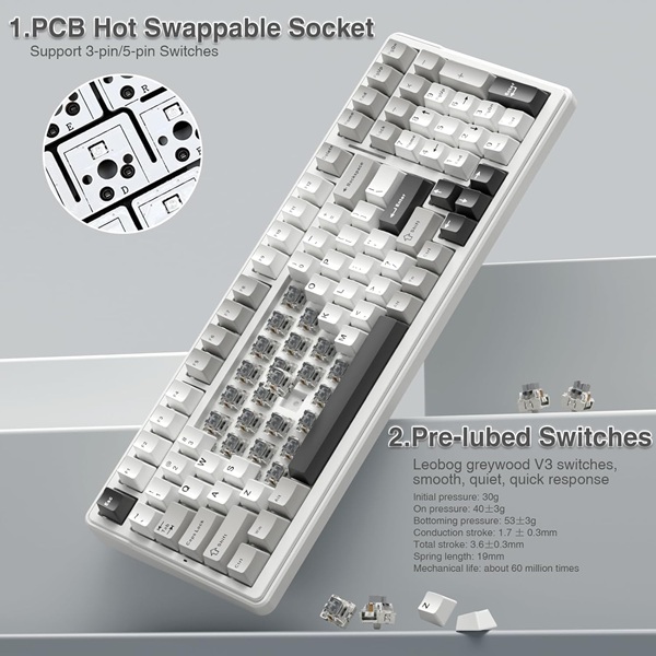 AULA F99 Tri-Mode (2.4G/Wired/BT) Hot Swappable RGB Wireless Full Size Mechanical Gaming Keyboard | Grey White, Graywood Switch (F99GrWW) - Image 6