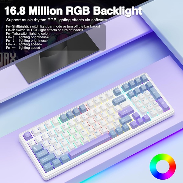 AULA F99 Tri-Mode (2.4G/Wired/BT) Hot Swappable RGB Wireless Full Size Mechanical Gaming Keyboard | Blue White, Crescent Switch (F99UWCr) - Image 5