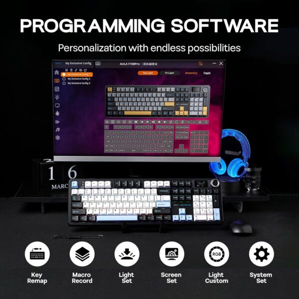 AULA F108Pro 3 in 1 (2.4G/BT/Wired) Full Size Wireless RGB Mechanical Gaming Keyboard With Screen & Knob | Retro Color, Reaper Switch (F108ProRR) - Image 2