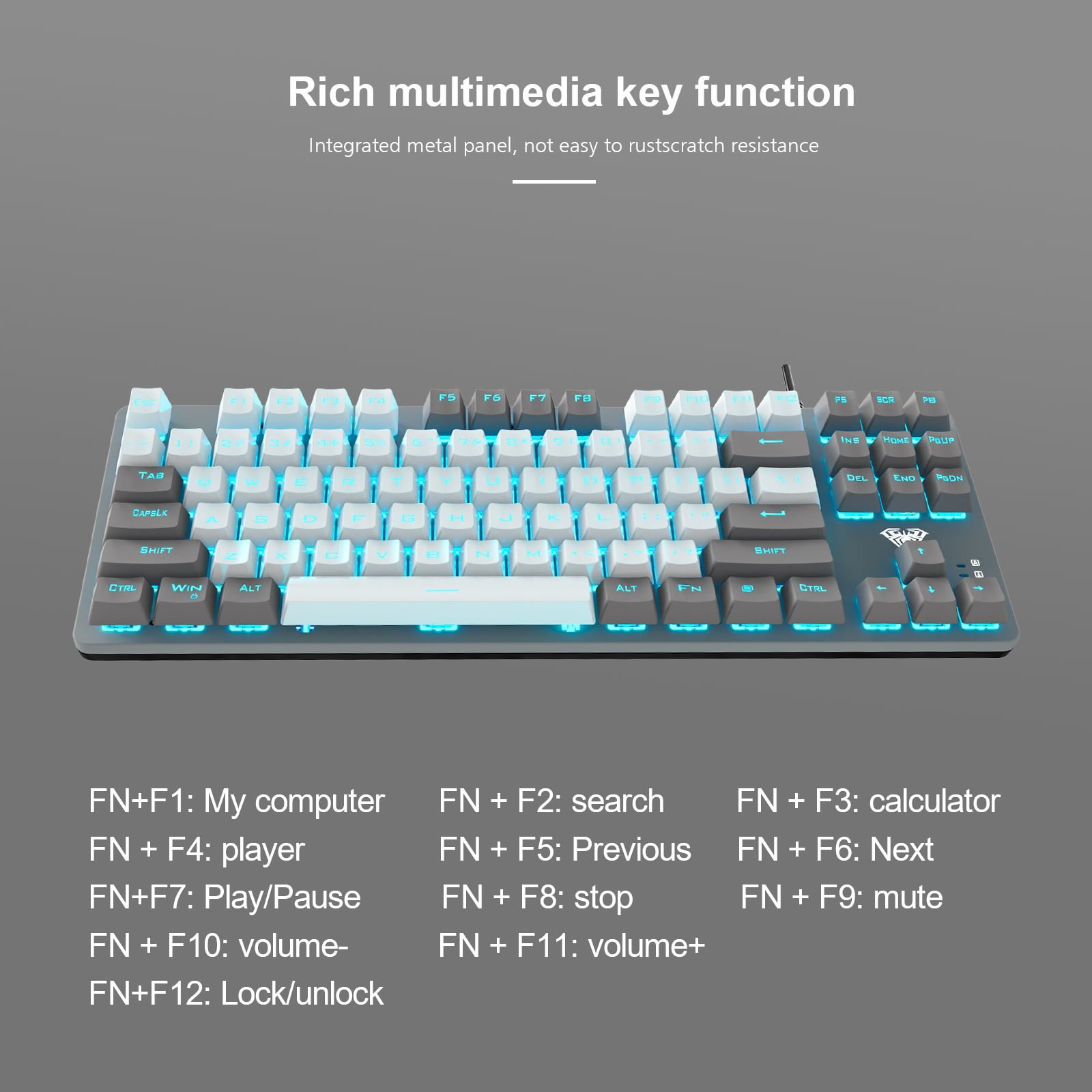 AULA F3287 Tenkeyless Wired Mechanical Gaming Keyboard ( Grey/White ) ( Blue Switch ) - Image 2