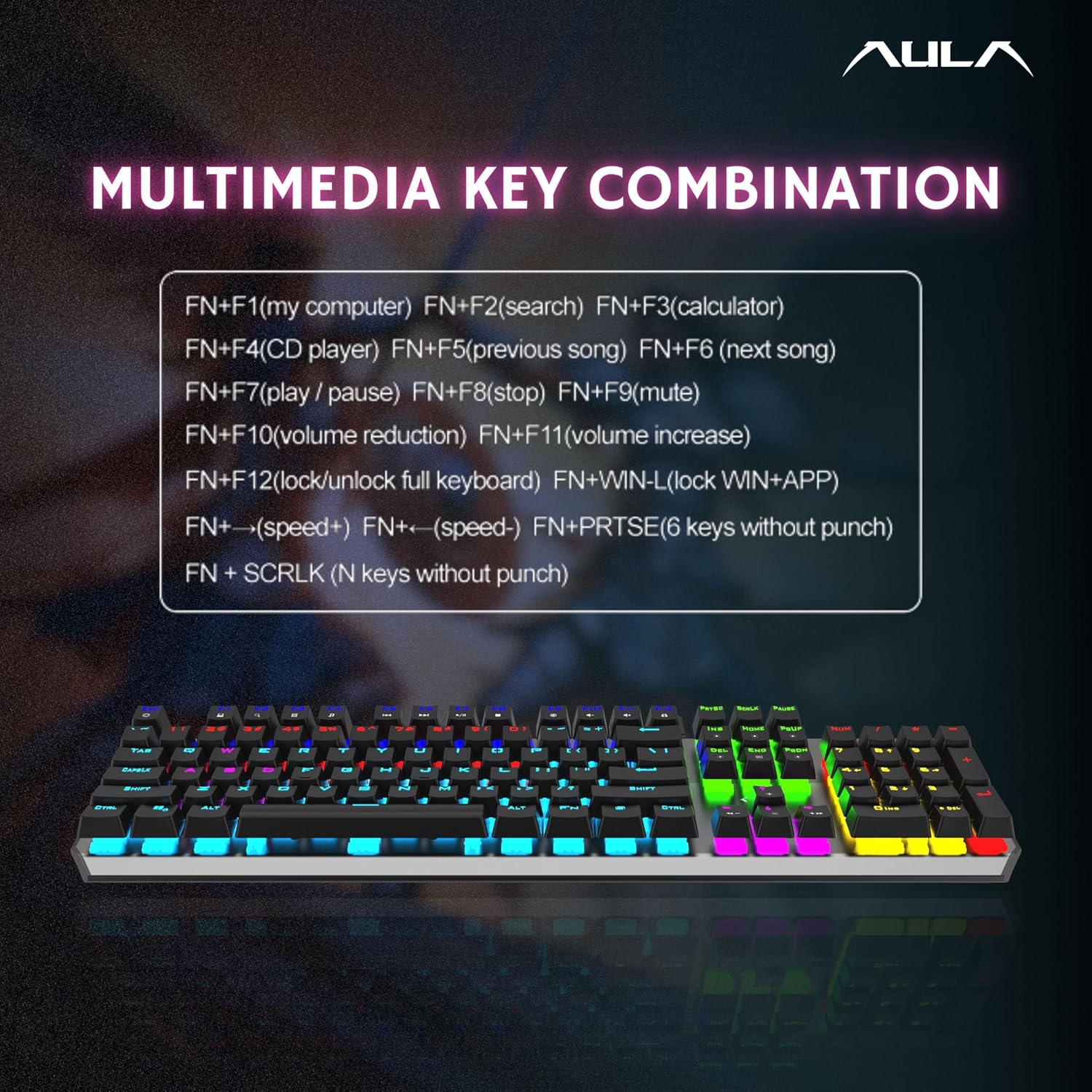 AULA F2066-II USB Full Size Wired Mechanical Gaming Keyboard Black Clicky Blue Switches - Image 5