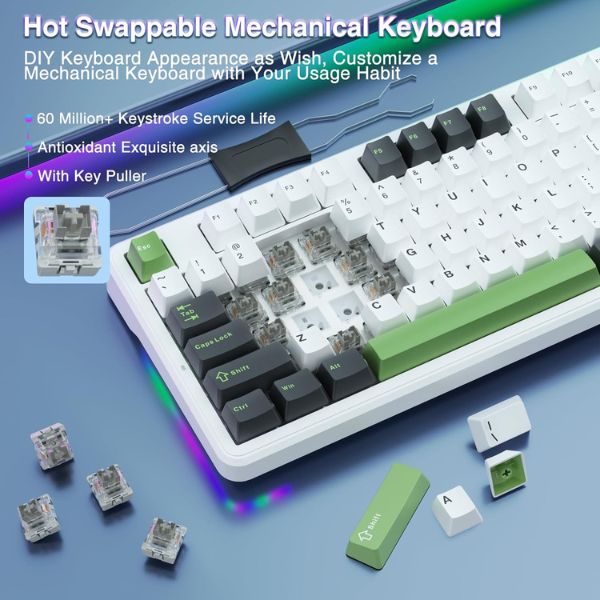 AULA F87 Wireless Tri Mode (2.4GHz/Type-C/BT) RGB Mechanical Gaming Keyboard | Green White, Graywood Switch (F87GW) - Image 5