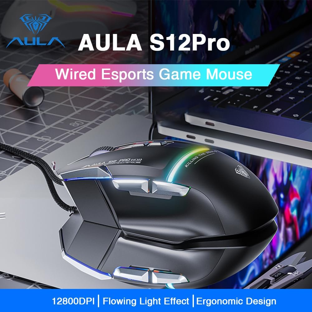 AULA S12 Pro RGB Ergonomic Wired Gaming Mouse ( Black) - Image 6