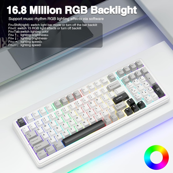 AULA F99 Tri-Mode (2.4G/Wired/BT) Hot Swappable RGB Wireless Full Size Mechanical Gaming Keyboard | Grey White, Graywood Switch (F99GrWW) - Image 5